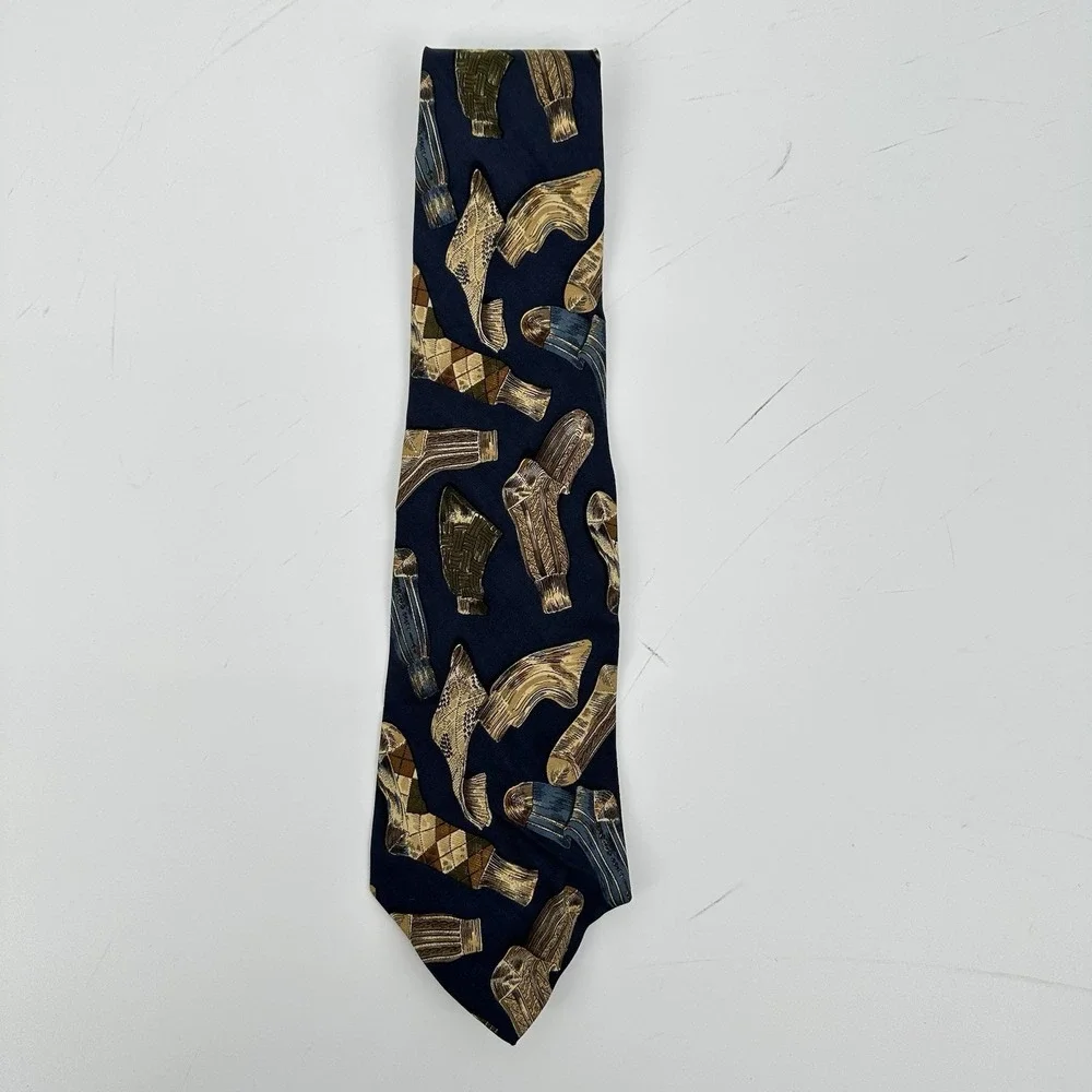VTG Polo by Ralph Lauren Silk Tie Navy Gold Novelty Sock Print Hand Made In USA